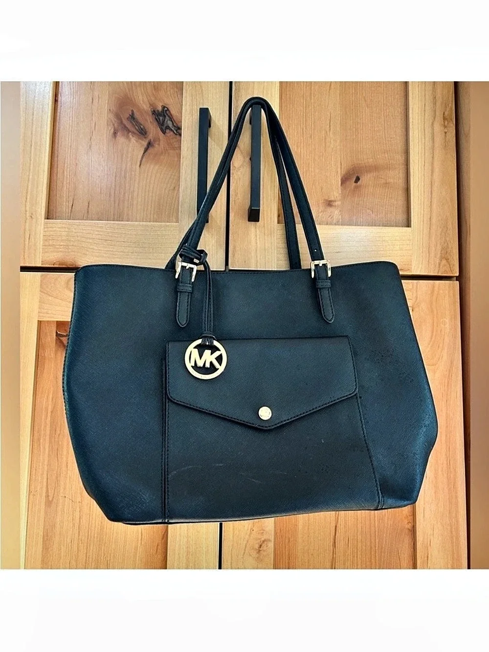 Michael Kors black Jet Set large Saffiano Leather Pocket Tote bag purse